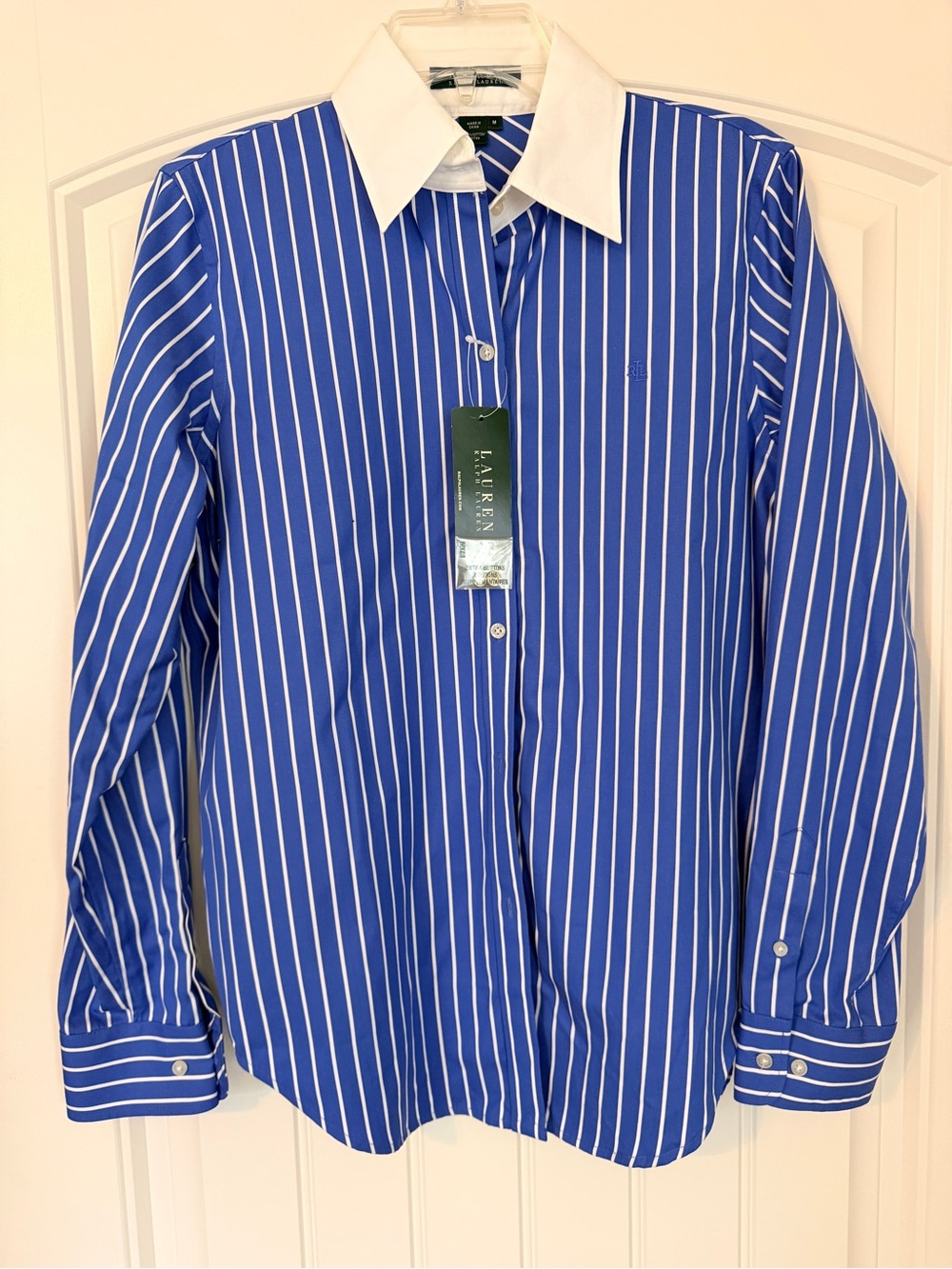 Ralph Lauren Blue and White Stripe Dress Shirt with White Collar Size Medium NWT